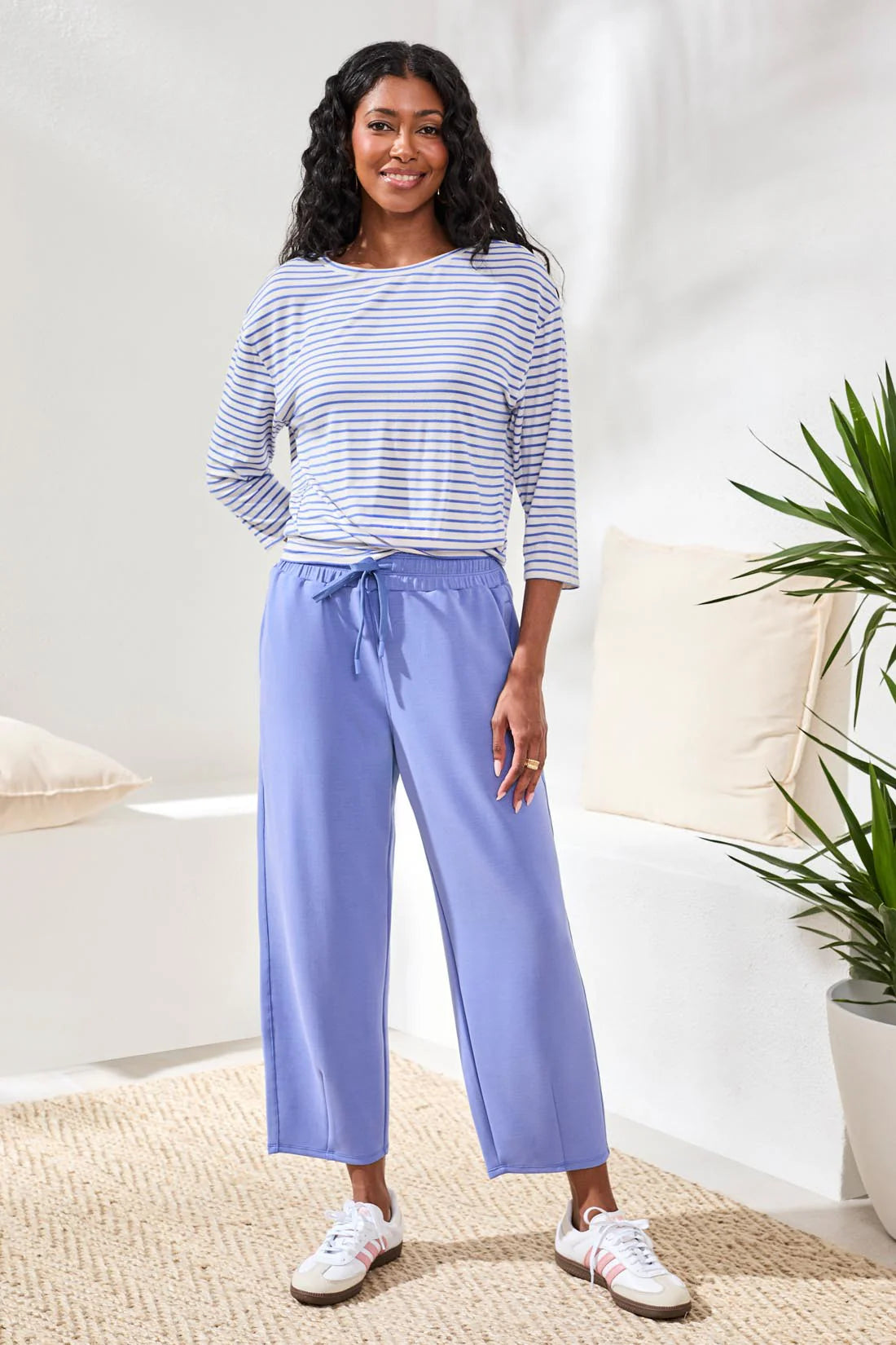 Tribal Soft Modal Boat Neck 3/4 Sleeve Top W/ Knot Detail