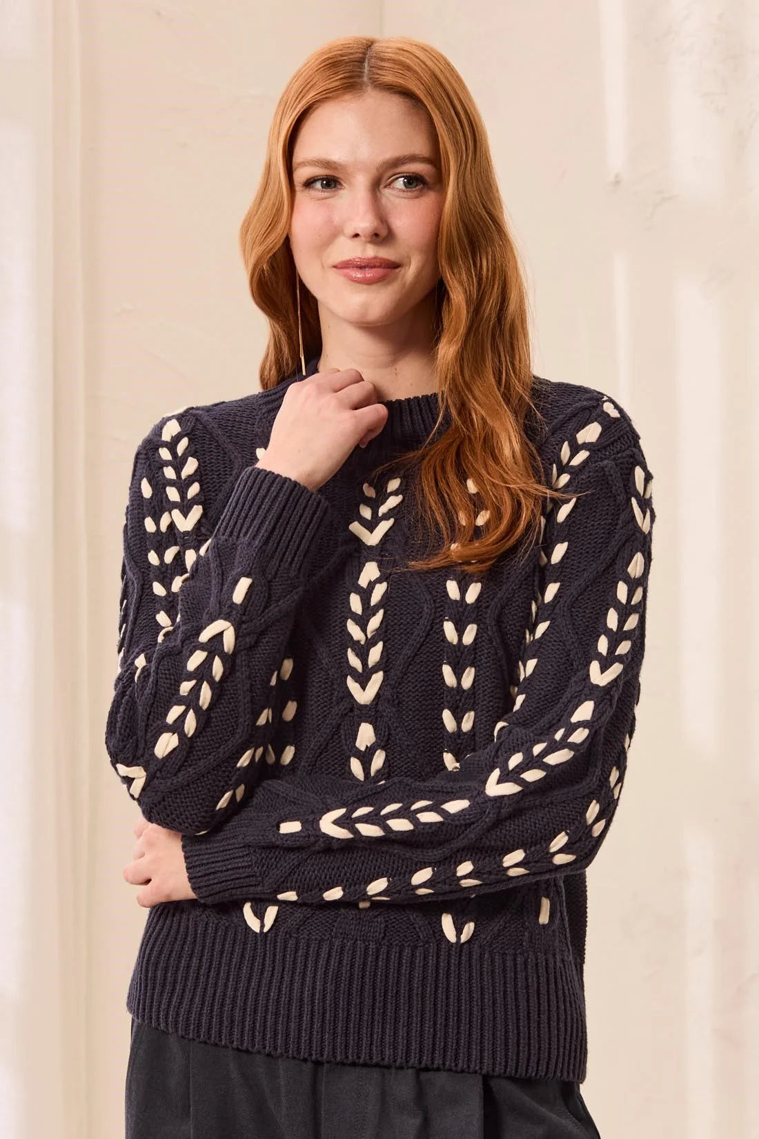 Tribal Contrast Lace Up Cable Knit Sweater