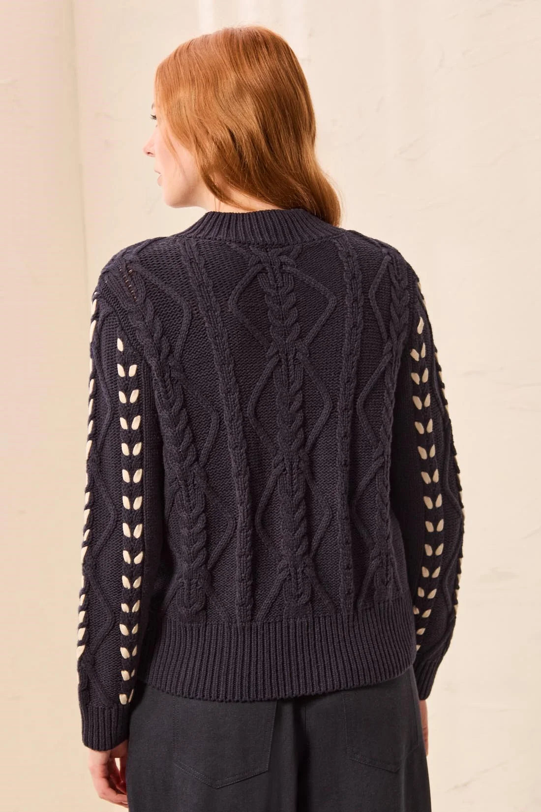 Tribal Contrast Lace Up Cable Knit Sweater