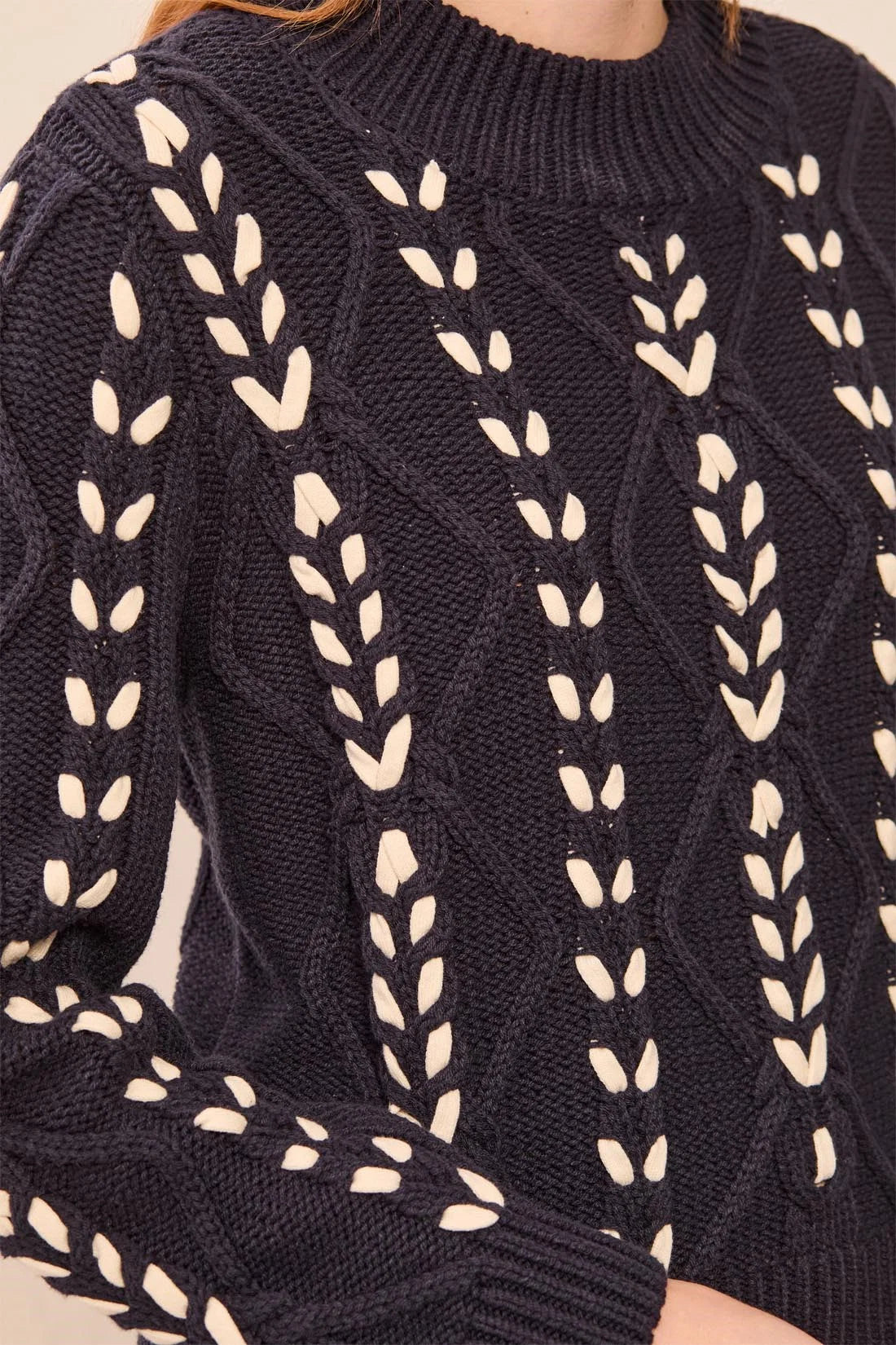 Tribal Contrast Lace Up Cable Knit Sweater