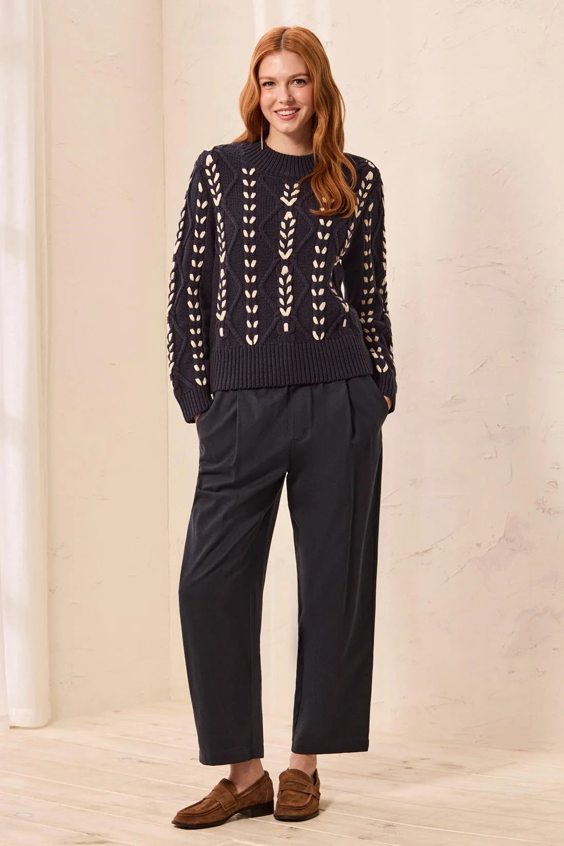 Tribal Contrast Lace Up Cable Knit Sweater