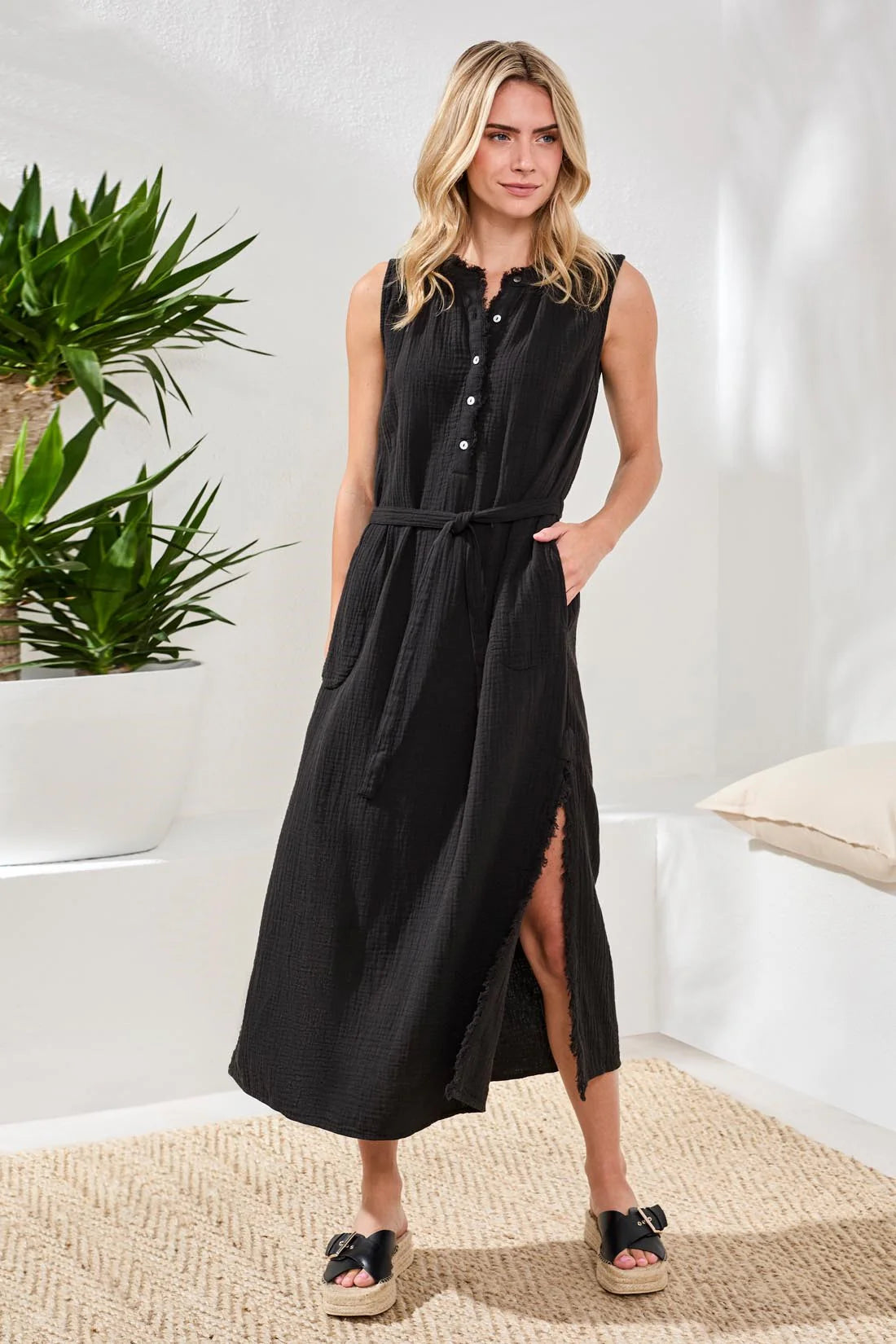 Tribal Gauze Button Front Midi Dress