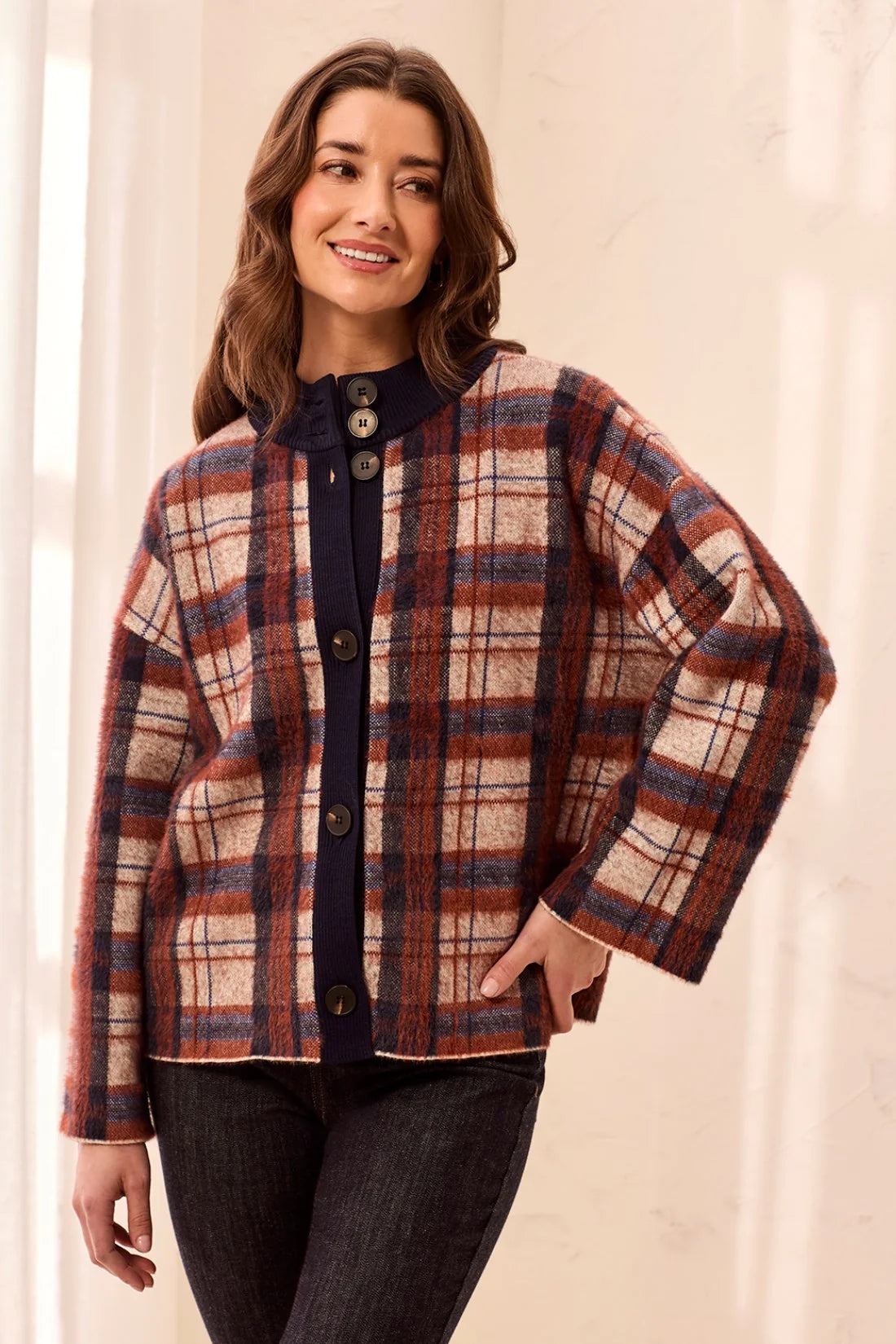 Tribal Eyelash Knit Plaid Button Front Mock Neck Cardigan