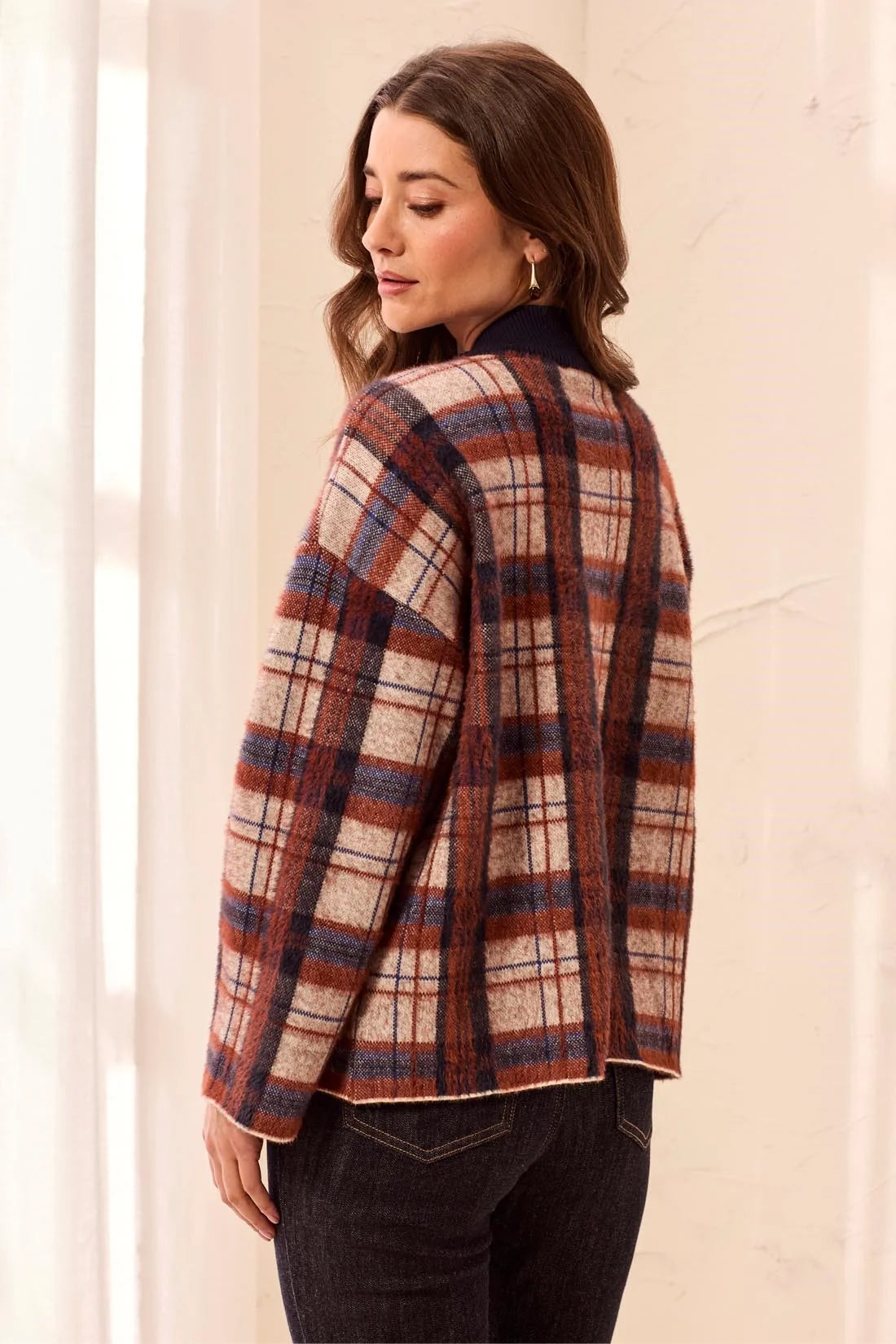 Tribal Eyelash Knit Plaid Button Front Mock Neck Cardigan