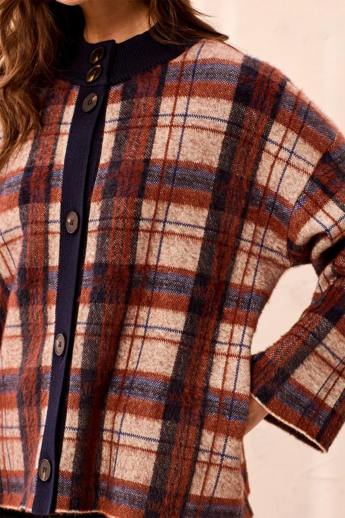 Tribal Eyelash Knit Plaid Button Front Mock Neck Cardigan