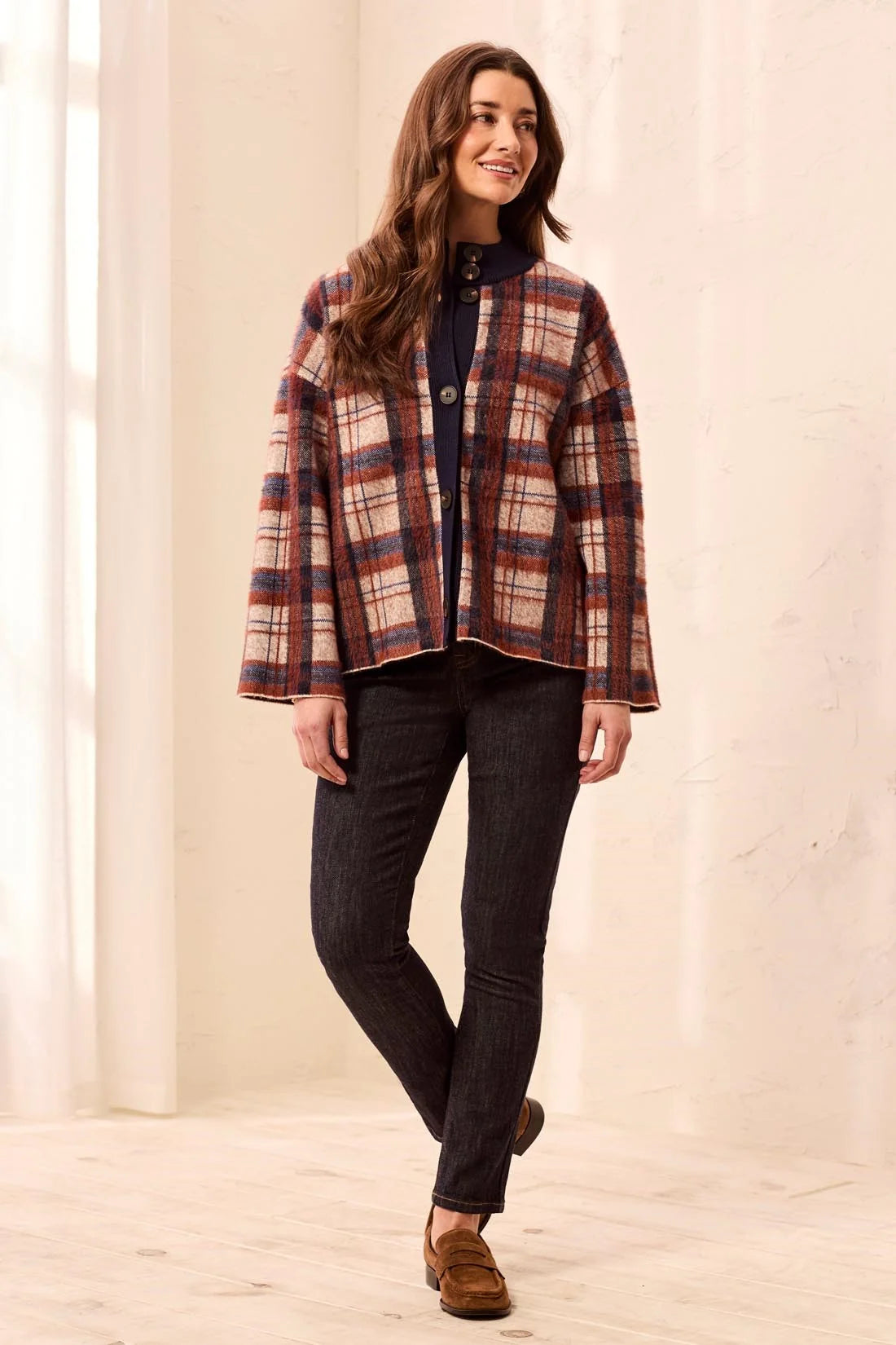 Tribal Eyelash Knit Plaid Button Front Mock Neck Cardigan