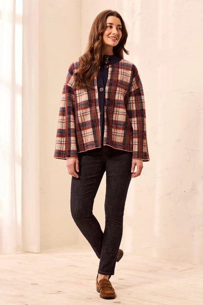 Tribal Eyelash Knit Plaid Button Front Mock Neck Cardigan