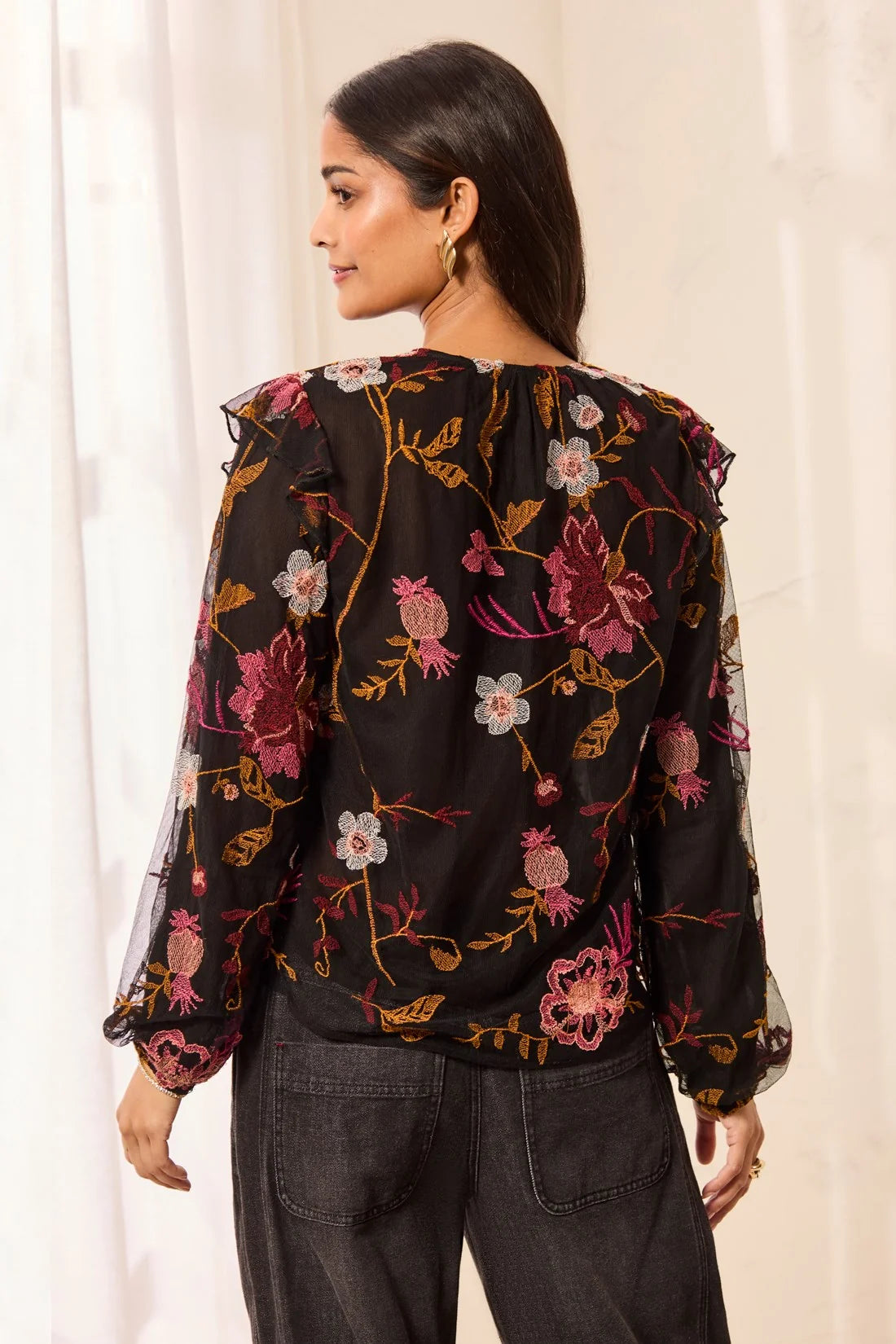 Tribal Floral Embroidered V-Neck Blouse W/ Frills