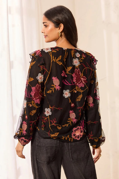 Tribal Floral Embroidered V-Neck Blouse W/ Frills