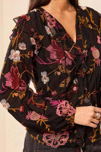 Tribal Floral Embroidered V-Neck Blouse W/ Frills