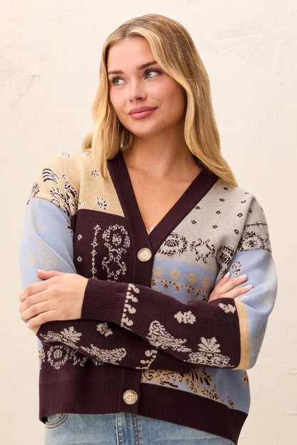 Tribal Novelty Jacquard V-Neck Cardigan