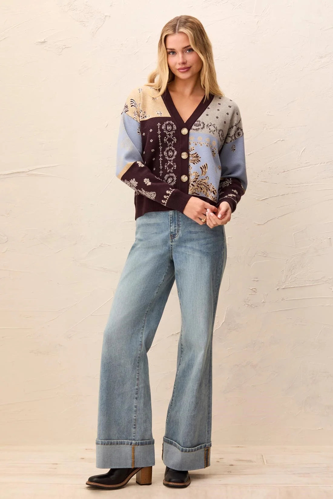 Tribal Novelty Jacquard V-Neck Cardigan