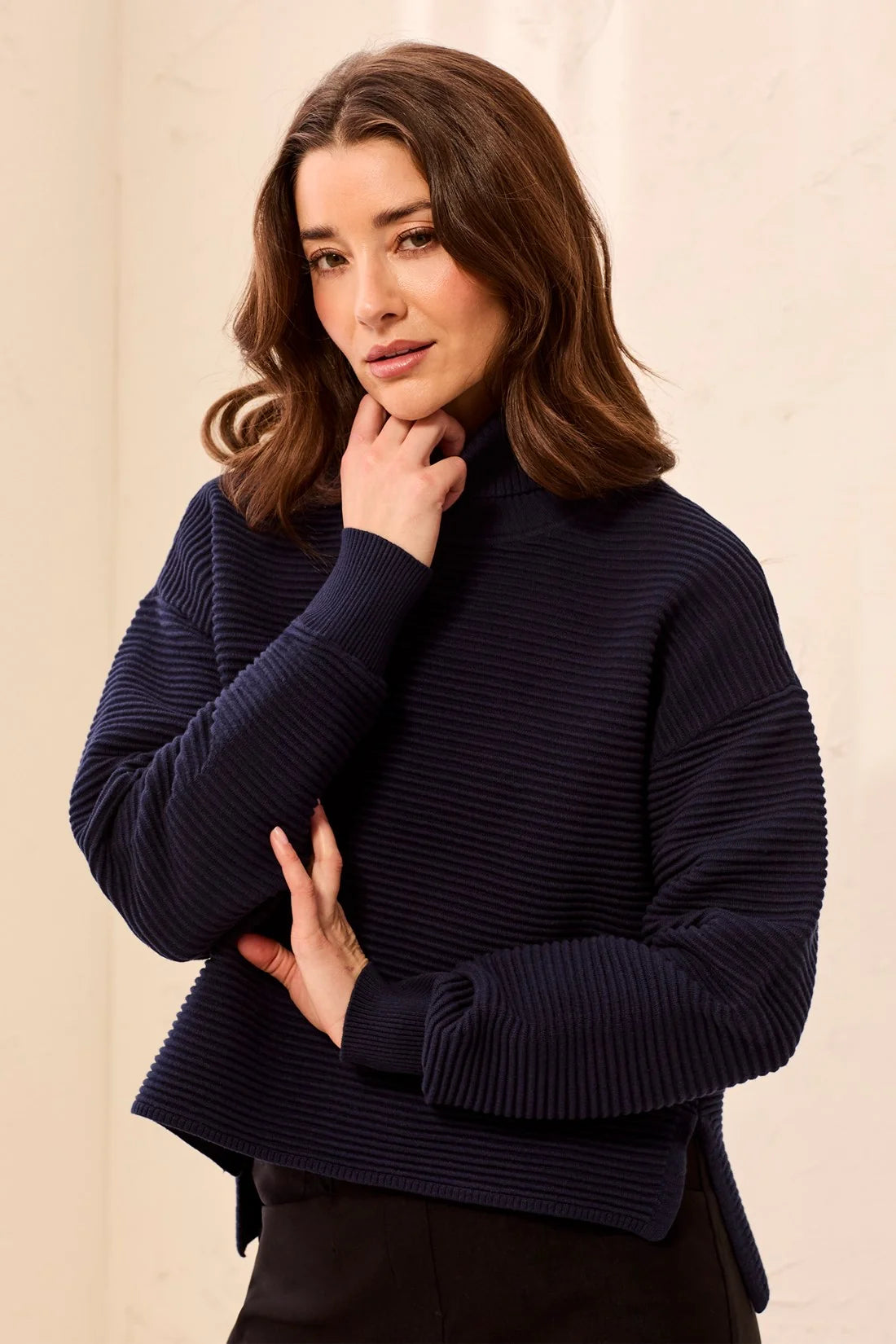 Tribal Textured Rib Mock Neck Drop Shoulder Sweater