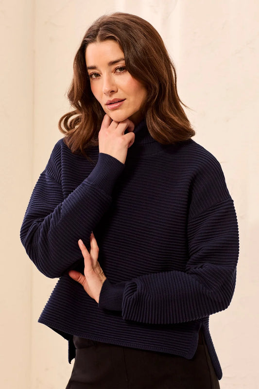 Tribal Textured Rib Mock Neck Drop Shoulder Sweater