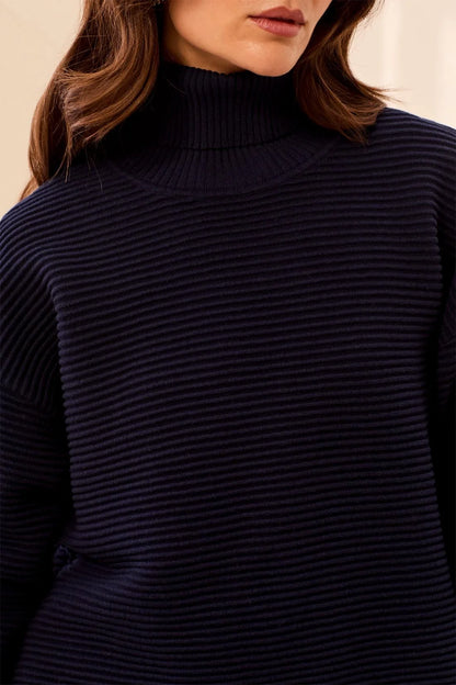 Tribal Textured Rib Mock Neck Drop Shoulder Sweater