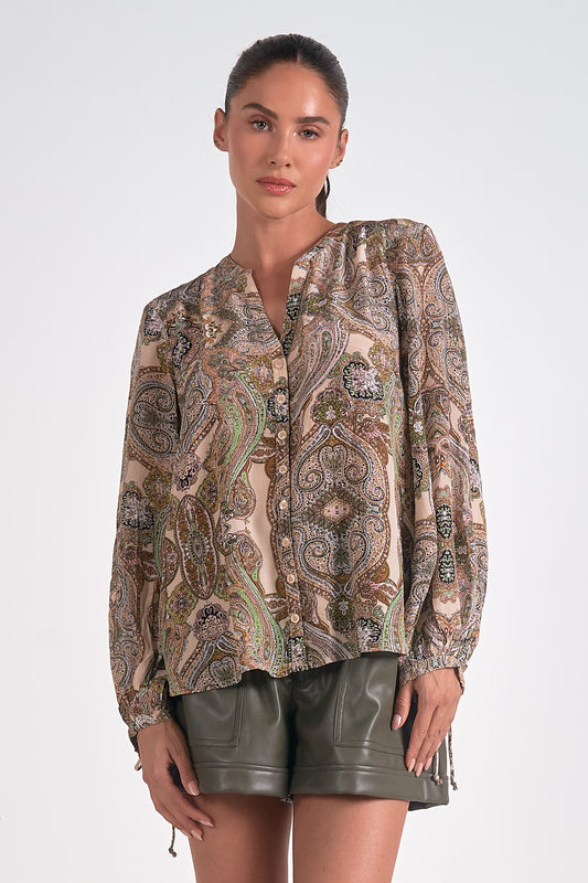 Elan Bubble Sleeve Paisley Top