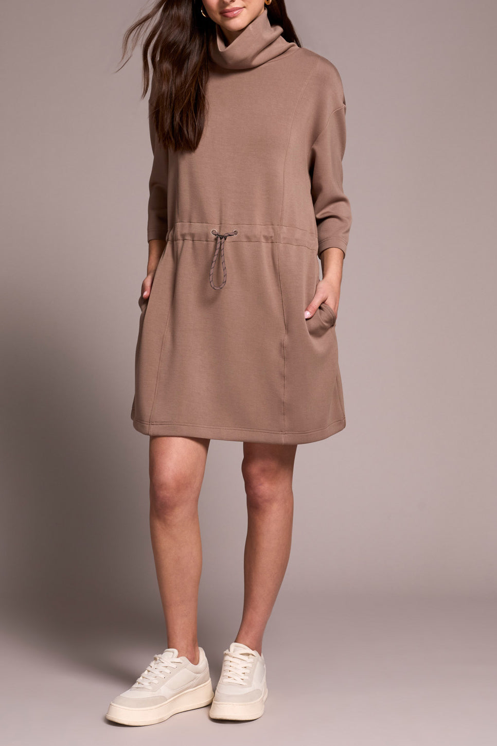 Tribal 3/4 Sleeve Funnel Neck Dress W/ Drawcord
