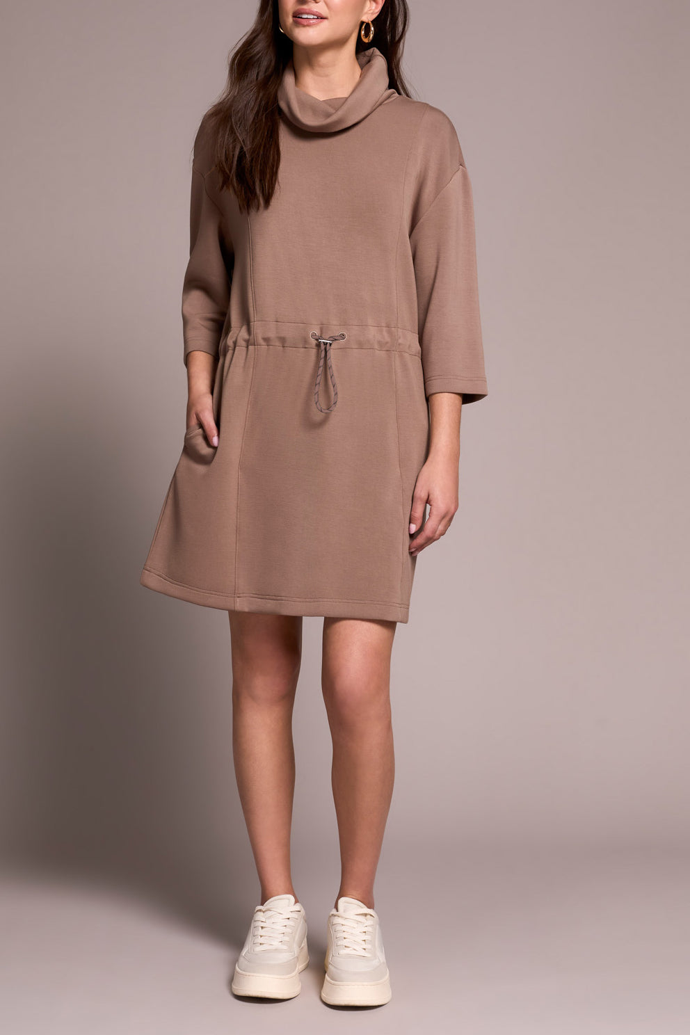 Tribal 3/4 Sleeve Funnel Neck Dress W/ Drawcord