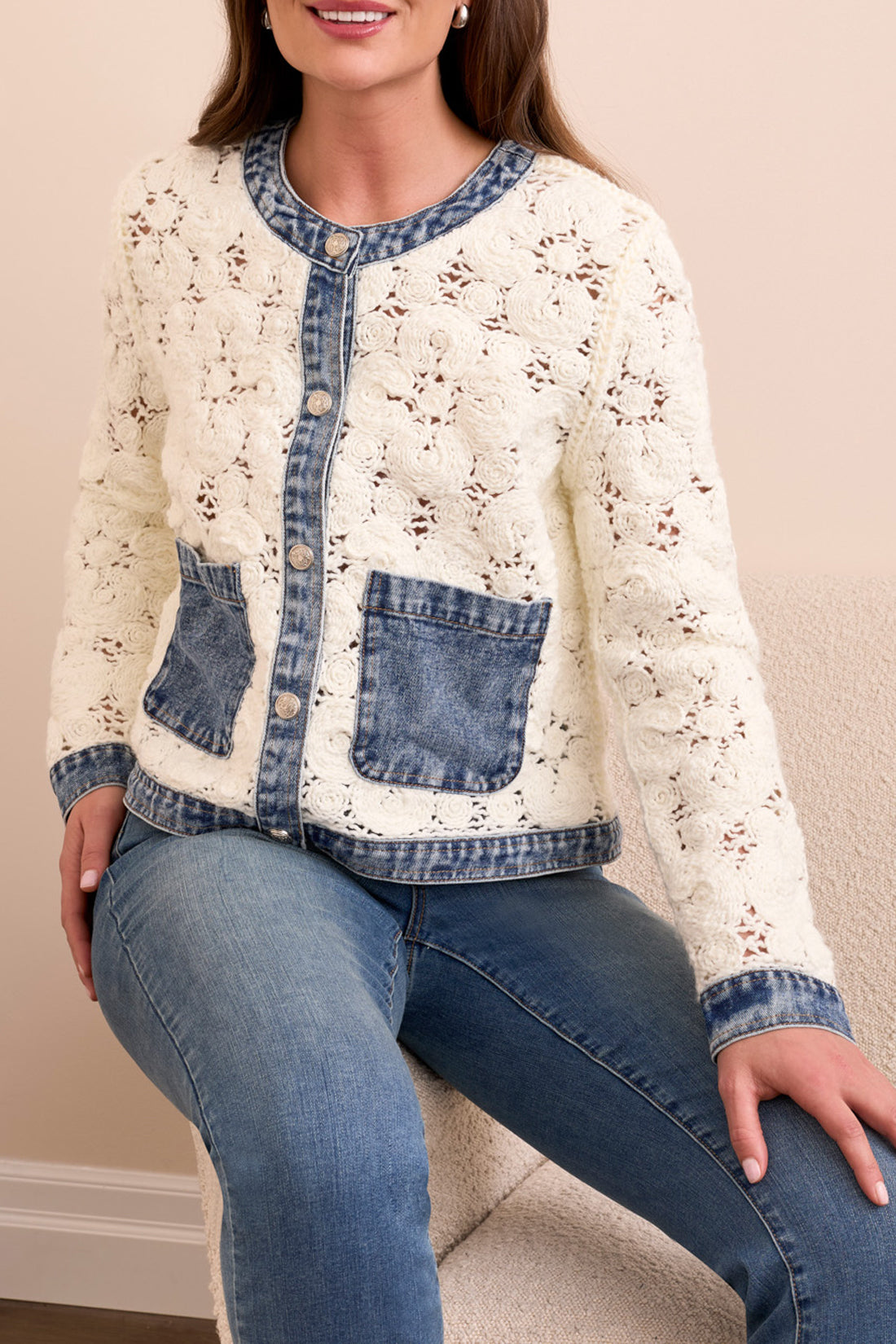 Tribal Mixed Media Crochet Denim Jacket