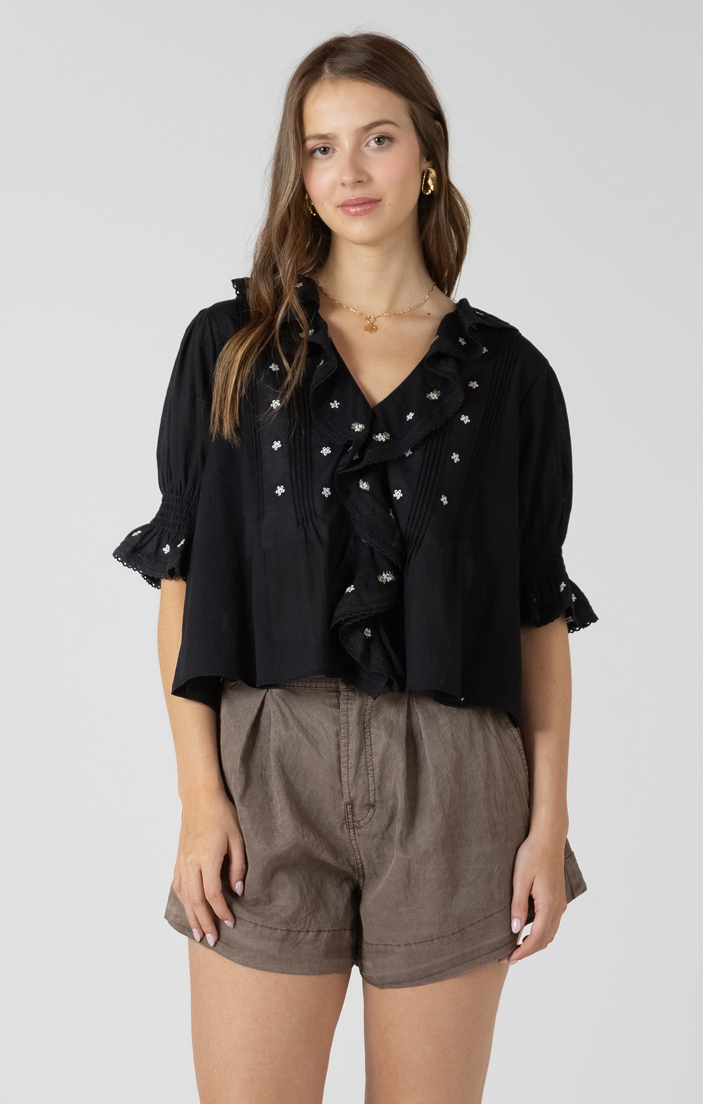 Dex Ruffle Detail Embroidered Blouse