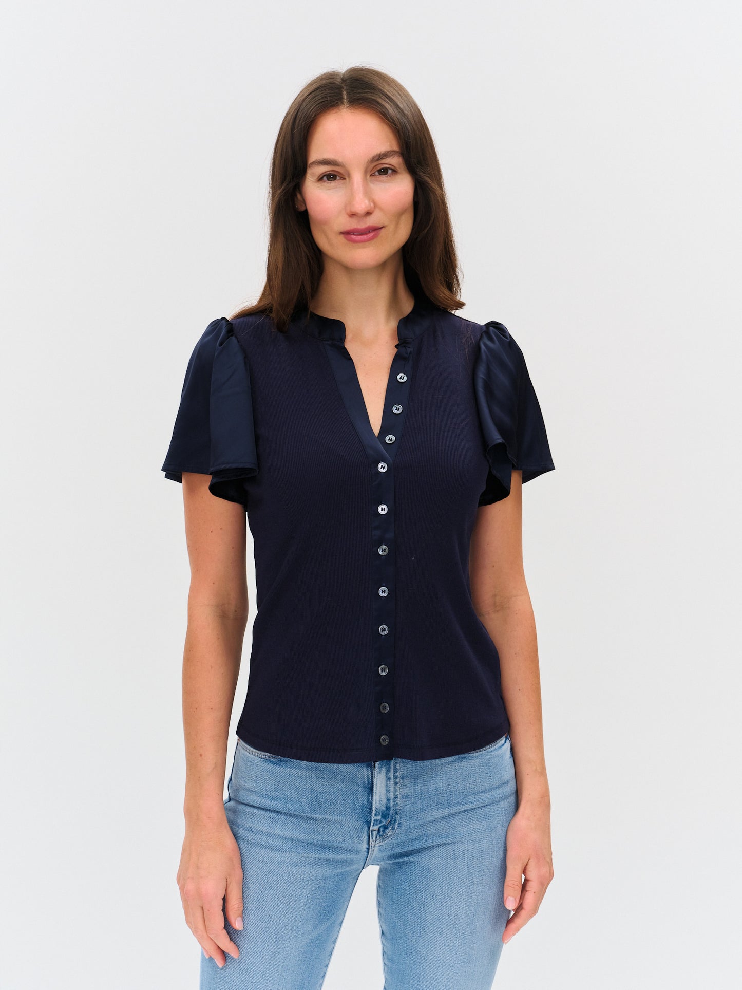 Six Fifty Maren Ribbed Button Down Flutter Sleeve