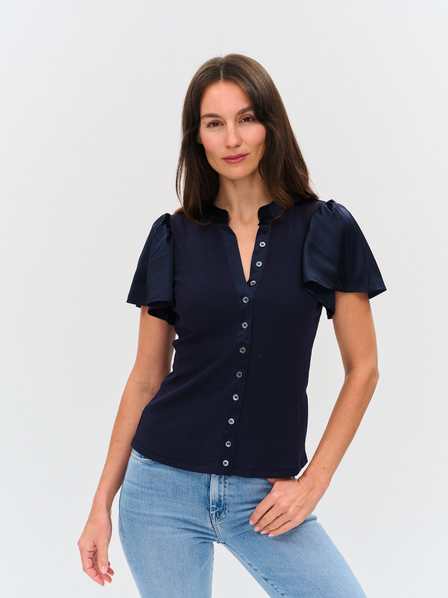 Six Fifty Maren Ribbed Button Down Flutter Sleeve