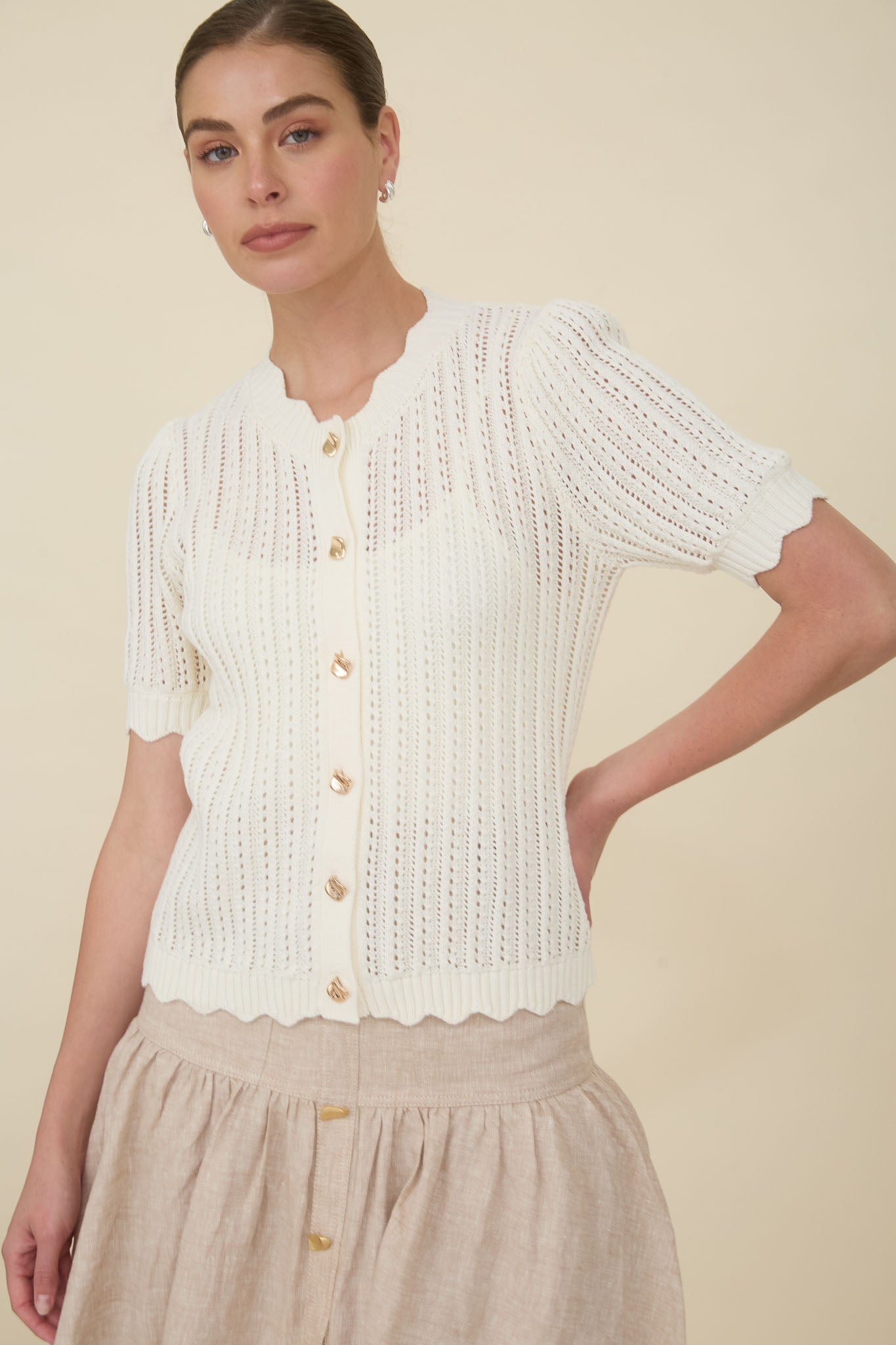 Zoe & Claire S/S Button Up Crochet Sweater