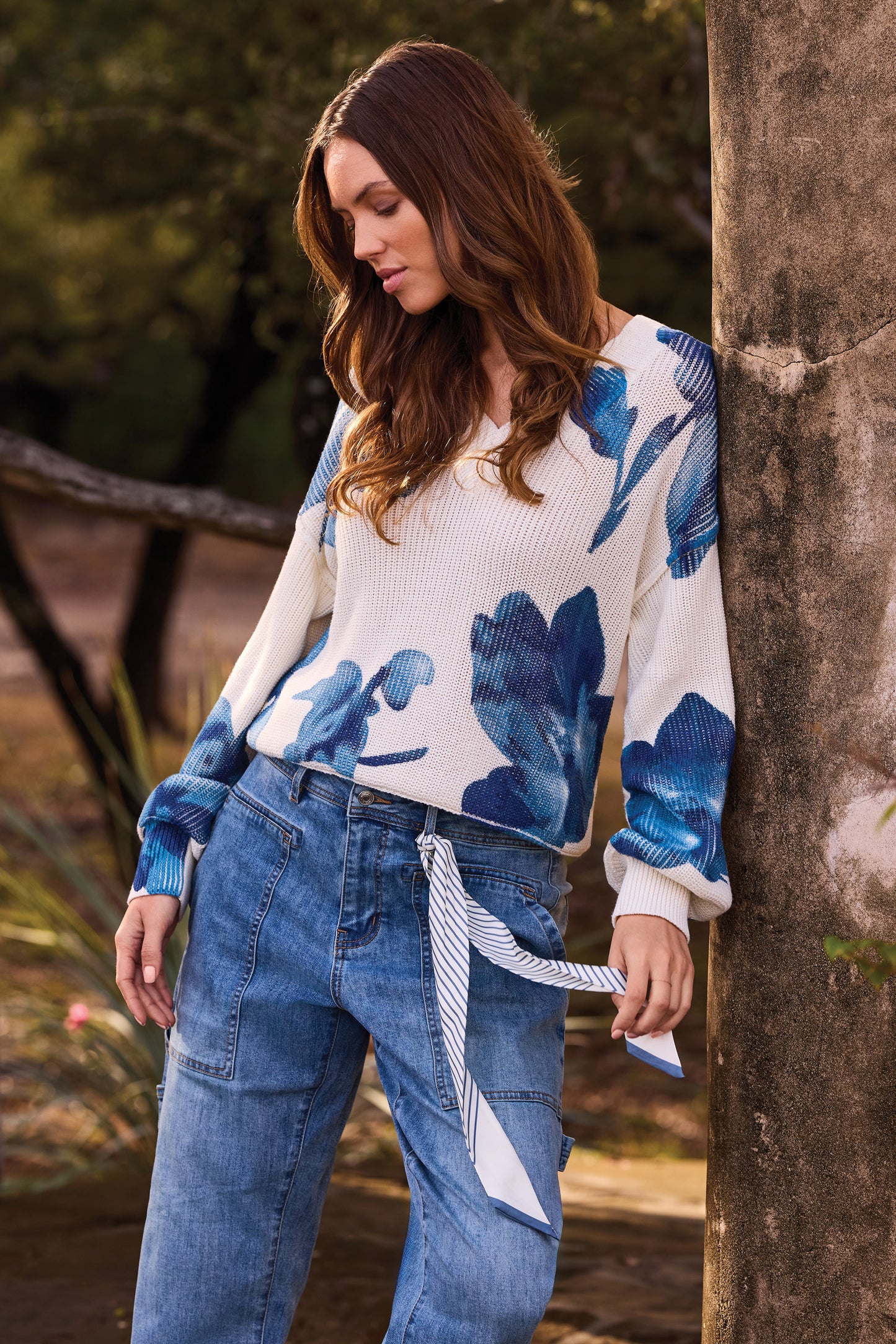 Tribal Puff Sleeve Printed V Neck Sweater