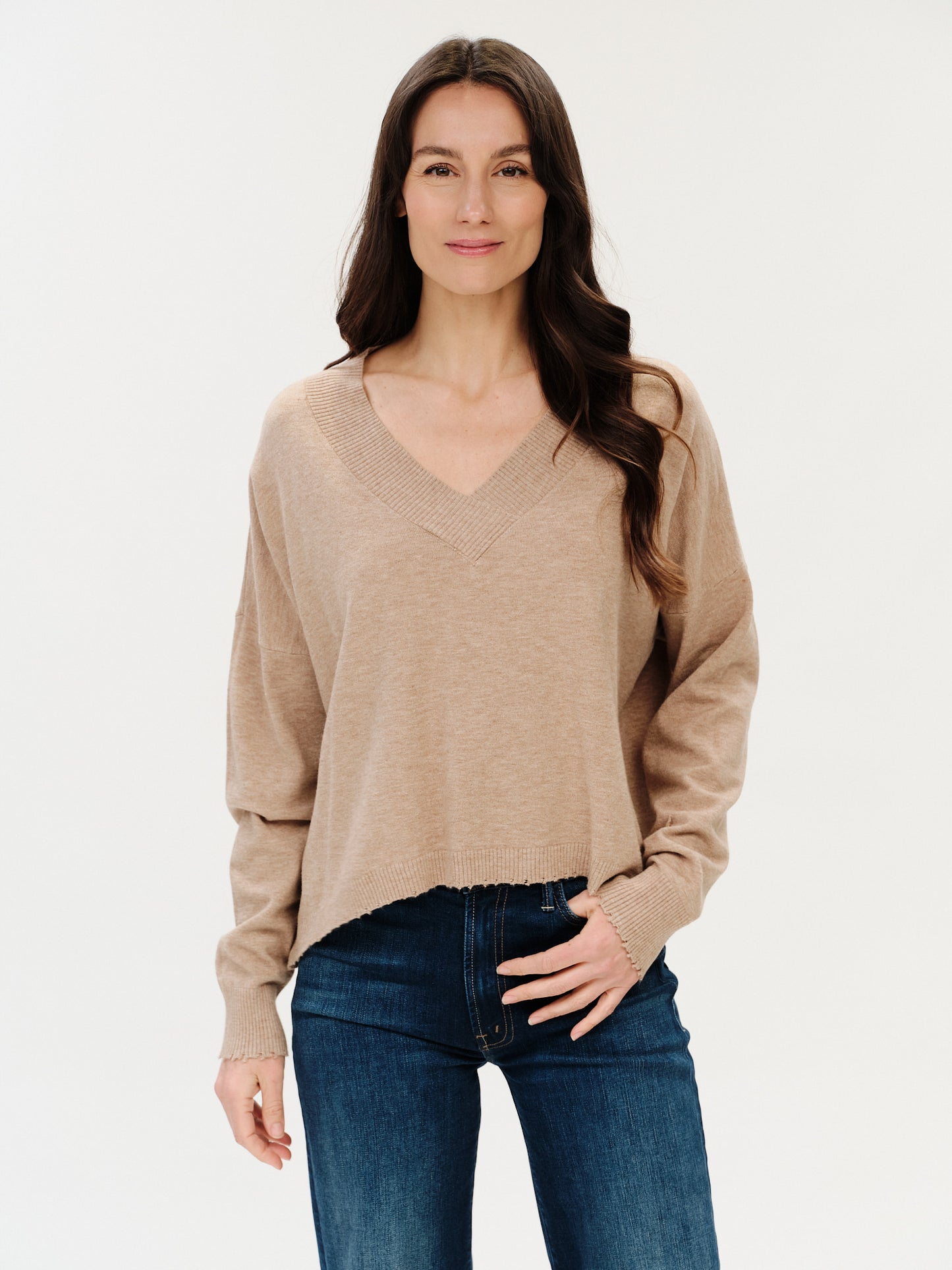 Six Fifty Geneva V-Neck Frayed Trim Sweater
