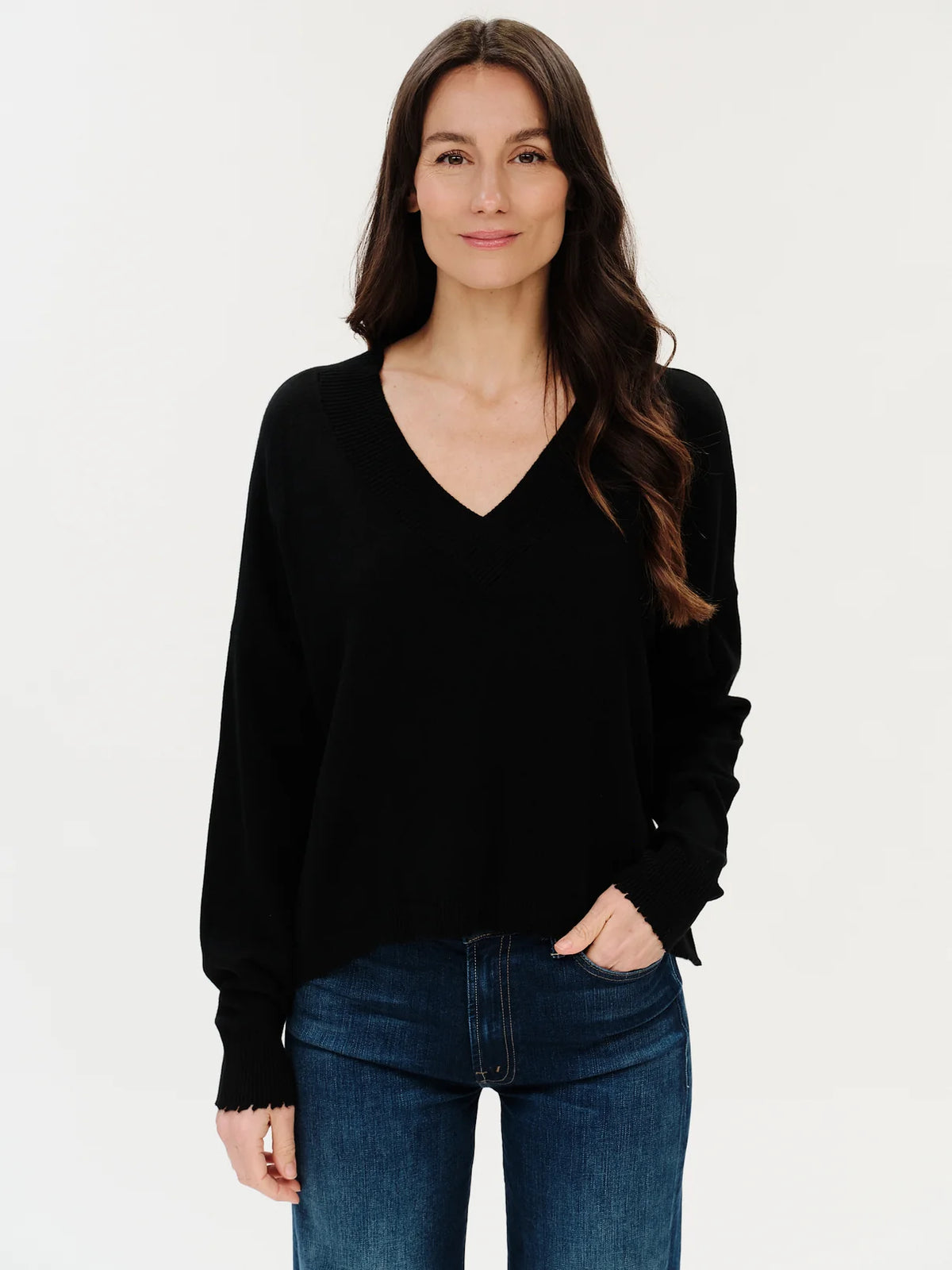 Six Fifty Geneva V-Neck Frayed Trim Sweater
