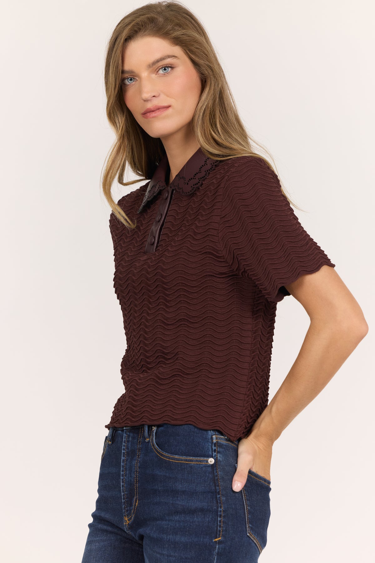 Dear John Vegan Leather Collared S/S Sweater Top