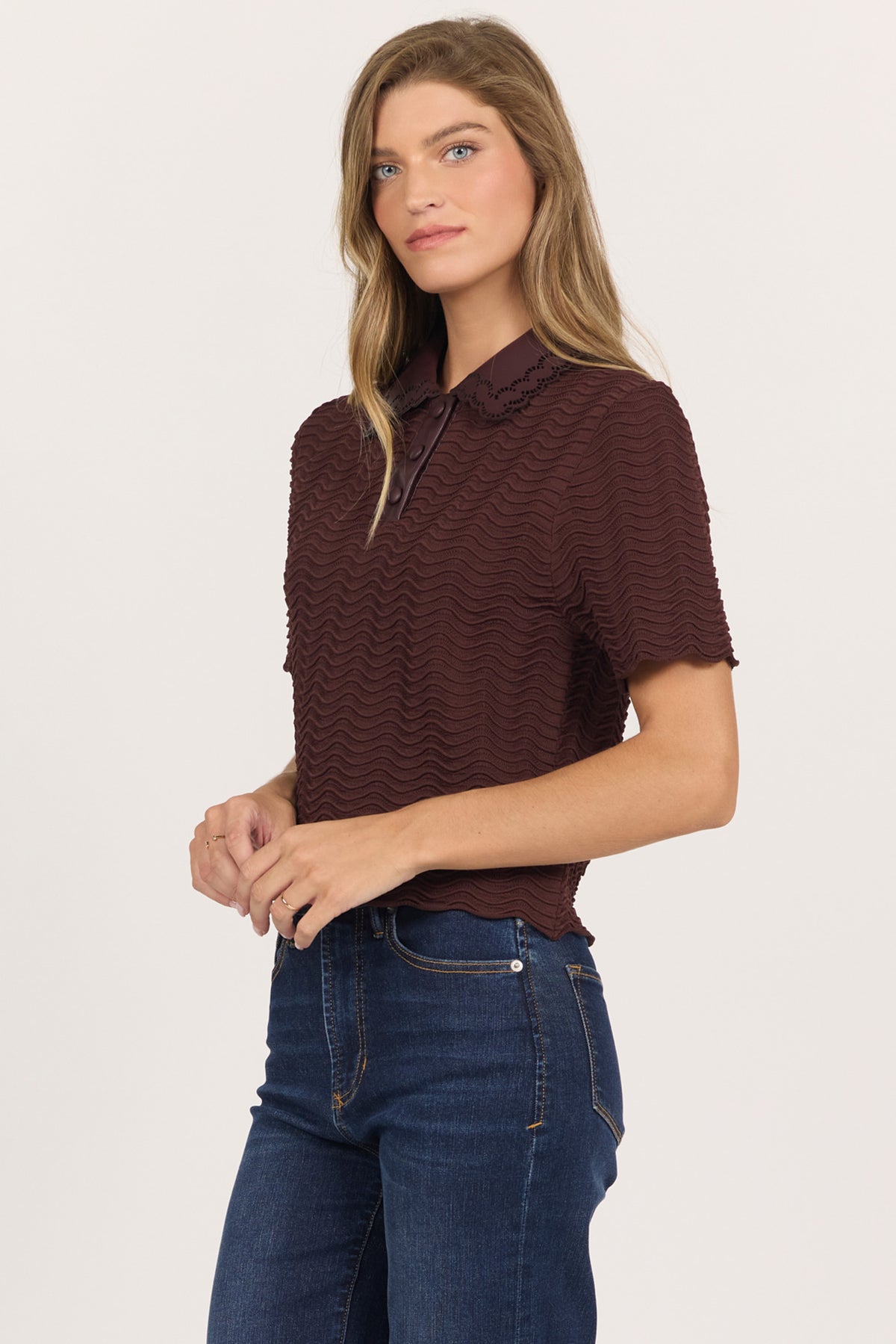 Dear John Vegan Leather Collared S/S Sweater Top