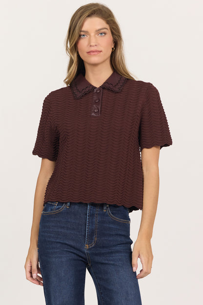 Dear John Vegan Leather Collared S/S Sweater Top