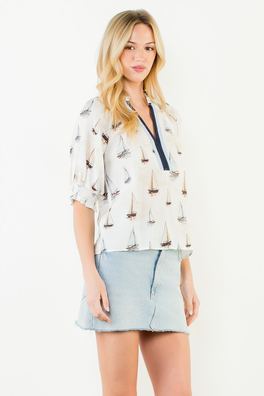THML Puff Sleeve Sailboat Pattern V Neck Top