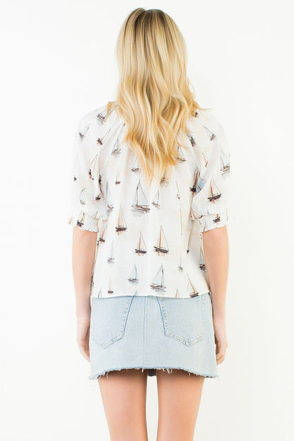 THML Puff Sleeve Sailboat Pattern V Neck Top