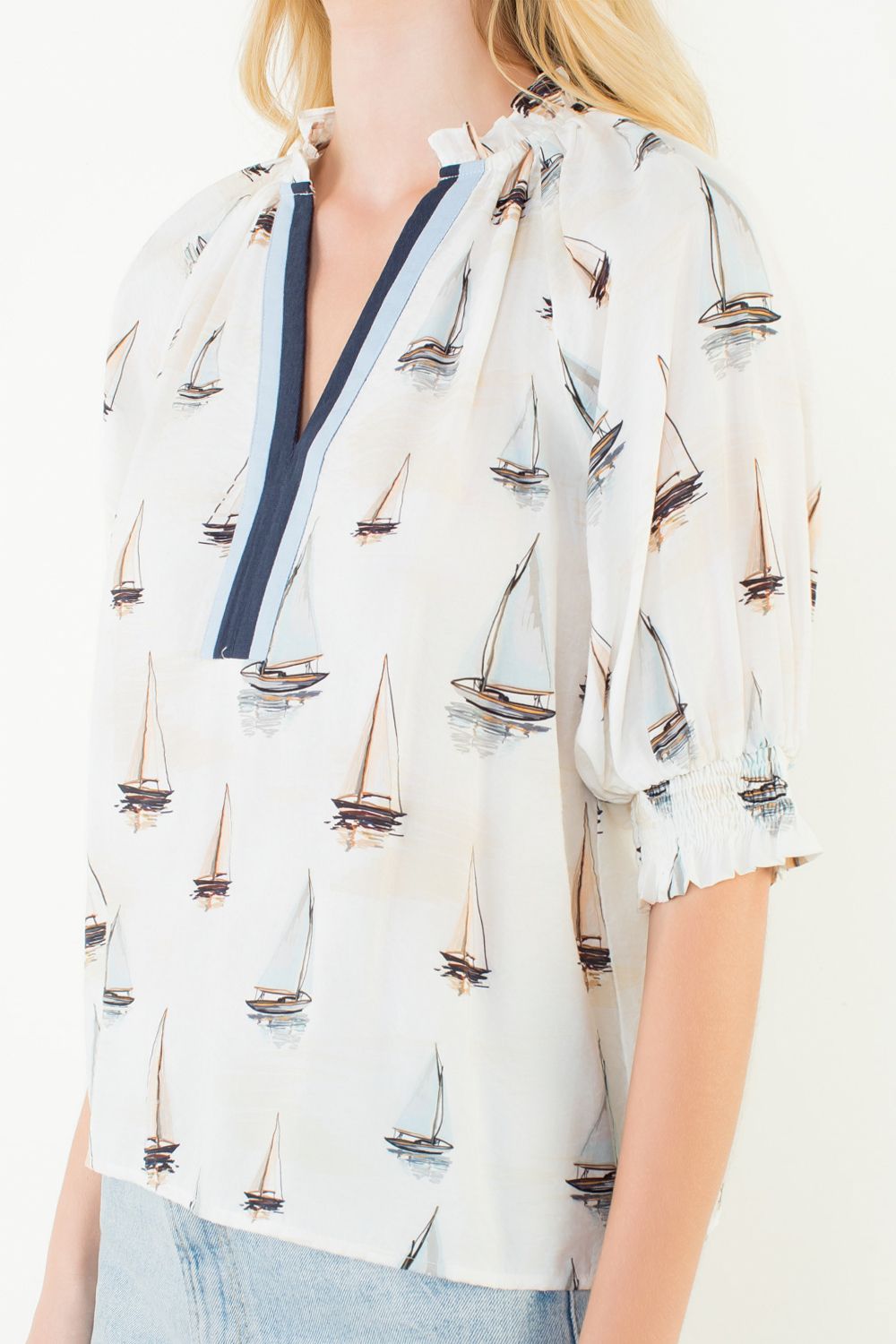 THML Puff Sleeve Sailboat Pattern V Neck Top