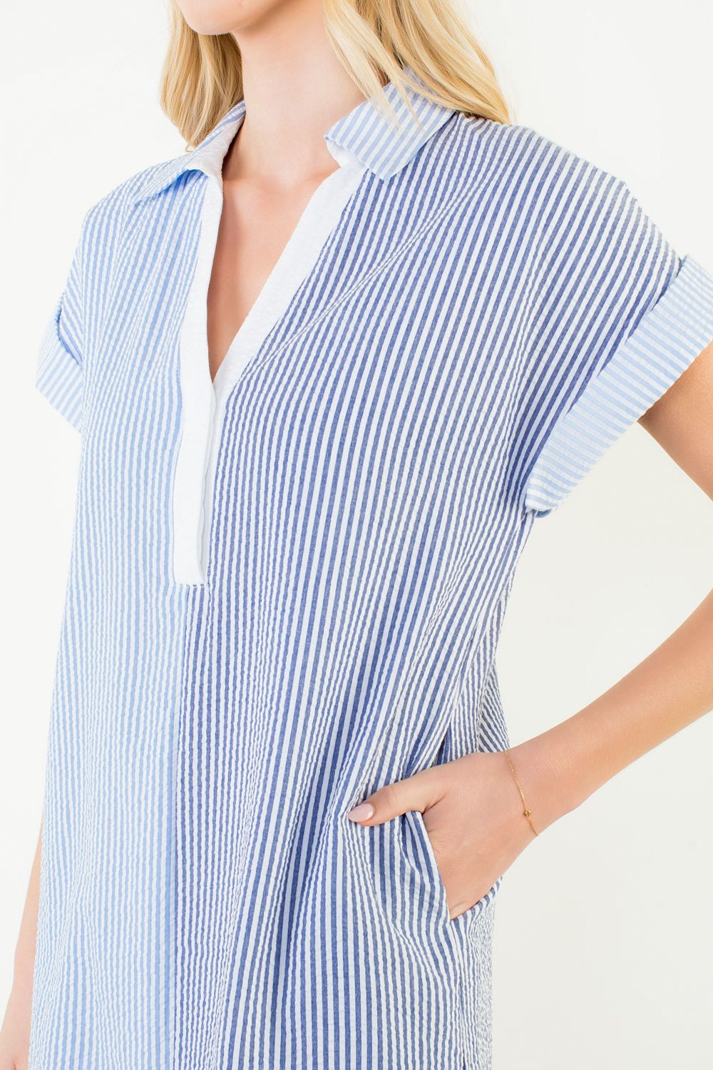 THML Short Sleeve Stripe V Neck Dress
